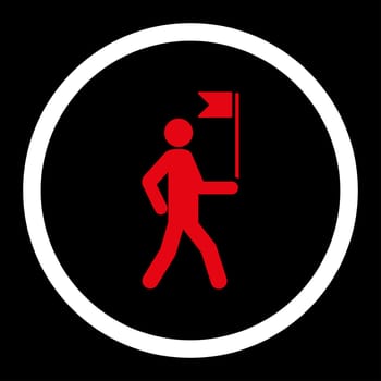 Guide glyph icon. This rounded flat symbol is drawn with red and white colors on a black background.