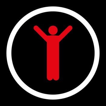 Happy glyph icon. This rounded flat symbol is drawn with red and white colors on a black background.