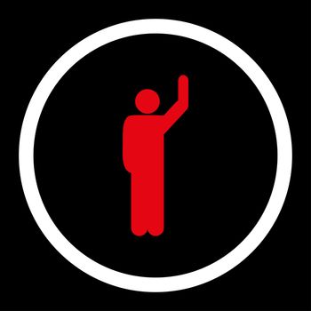 Hitchhike glyph icon. This rounded flat symbol is drawn with red and white colors on a black background.