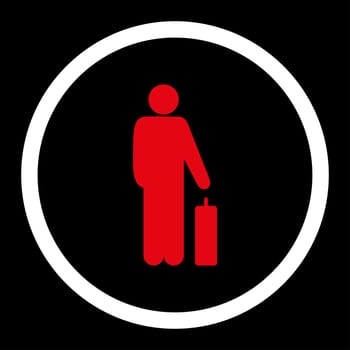 Passenger glyph icon. This rounded flat symbol is drawn with red and white colors on a black background.