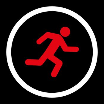 Running man glyph icon. This rounded flat symbol is drawn with red and white colors on a black background.