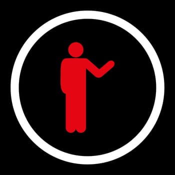 Talking person glyph icon. This rounded flat symbol is drawn with red and white colors on a black background.