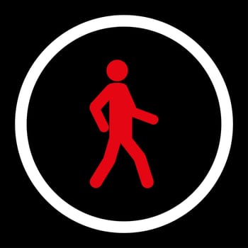 Walking glyph icon. This rounded flat symbol is drawn with red and white colors on a black background.