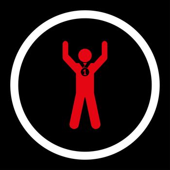 Winner glyph icon. This rounded flat symbol is drawn with red and white colors on a black background.