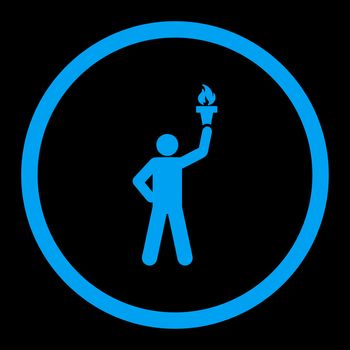 Freedom torch glyph icon. This rounded flat symbol is drawn with blue color on a black background.