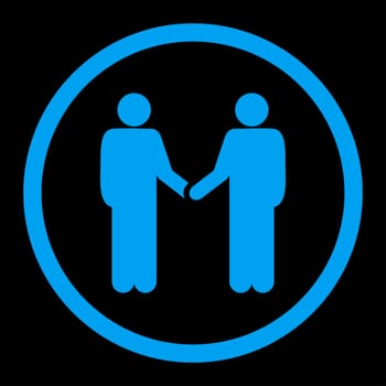 Handshake glyph icon. This rounded flat symbol is drawn with blue color on a black background.