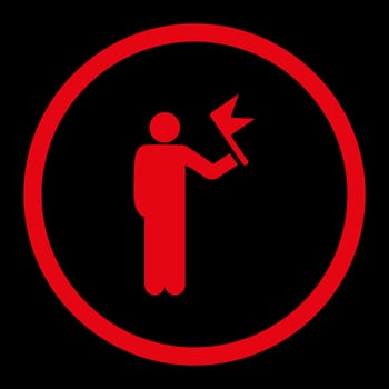 Man with Flag glyph icon. This rounded flat symbol is drawn with red color on a black background.
