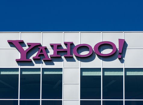 BURBANK, CA/USA - SEPTEMBER 19, 2015:  Yahoo corporate Sign. Yahoo is an American multinational Internet corporation globally known for its Web portal, search engine Yahoo Search, and related services