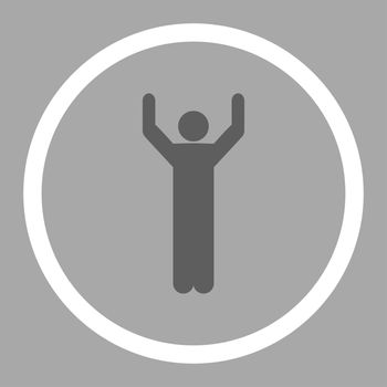 Hands up glyph icon. This rounded flat symbol is drawn with dark gray and white colors on a silver background.