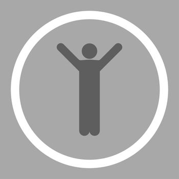 Happy glyph icon. This rounded flat symbol is drawn with dark gray and white colors on a silver background.