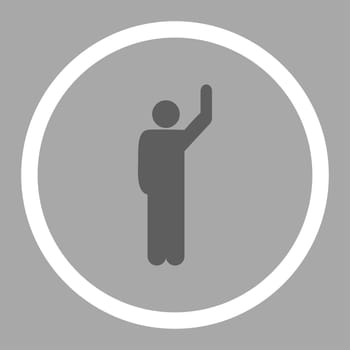 Hitchhike glyph icon. This rounded flat symbol is drawn with dark gray and white colors on a silver background.