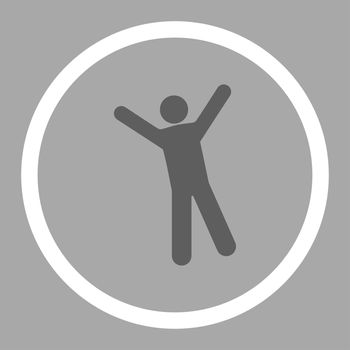Joy glyph icon. This rounded flat symbol is drawn with dark gray and white colors on a silver background.