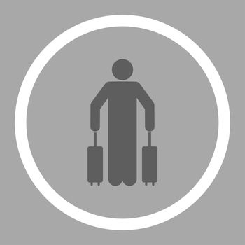 Passenger baggage glyph icon. This rounded flat symbol is drawn with dark gray and white colors on a silver background.