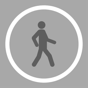 Walking glyph icon. This rounded flat symbol is drawn with dark gray and white colors on a silver background.