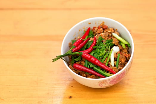 Thai Food appetizer ,Nam Prik Aong ,Thai Northern Style Pork and Tomato Relish.