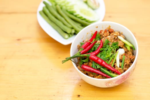 Thai Food appetizer ,Nam Prik Aong ,Thai Northern Style Pork and Tomato Relish.