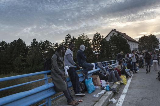 CROATIA, Harmica: Refugees stand and wait on a bridge in the village of Harmica, Croatia on the border of Slovenia on September 19, 2015, after the Slovenian government blocked refugees from entering the country with riot police. Slovenia is the latest country to be forced into action over the global refugee crisis, with Slovenia's ambassador to Germany telling the Rheinische Post newspaper they will accept 'up to 10, 000' refugees