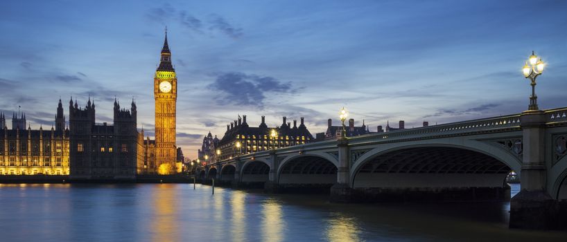 Panoramic view of Big Ben clock tower in London at sunset, UK. 