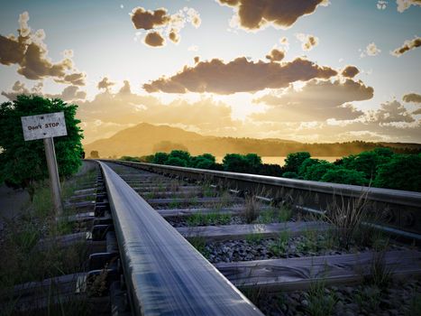 Railway track crossing rural landscape. Travel concept