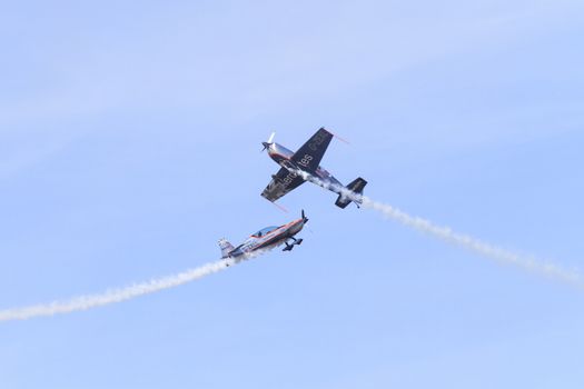ENGLAND, Southport: Two Xtreme Air XA-41 fly close together during the Southport Airshow 2015 in Southport, Merseyside in England on September 19, 2015