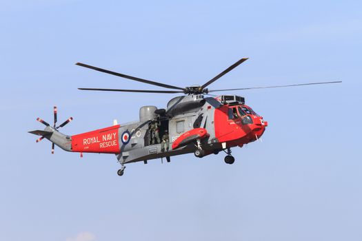 ENGLAND, Southport: A Royal Navy Rescue helicopter flies during the Southport Airshow 2015 in Southport, Merseyside in England on September 19, 2015