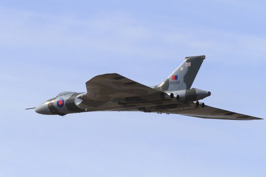 ENGLAND, Southport: A Vulcan bomber flies during the Southport Airshow 2015 in Southport, Merseyside in England on September 19, 2015