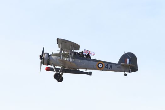 ENGLAND, Southport: A Fairey Swordfish bi-plane flies during the Southport Airshow 2015 in Southport, Merseyside in England on September 19, 2015