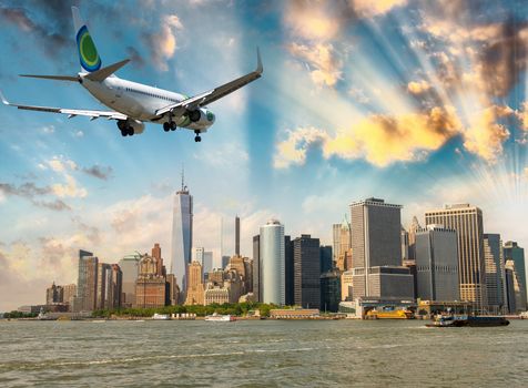 Aircraft overflying New York City skyline.