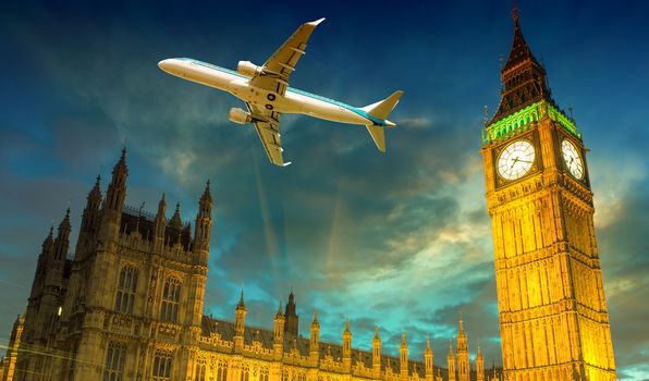 Airplane over Westminster and Big Ben, London - UK.