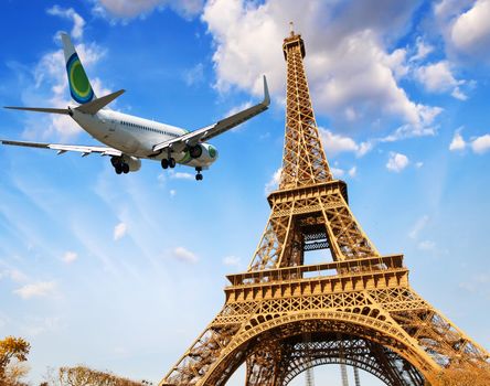 Airplane over Paris, France. Tourism and vacation concept.