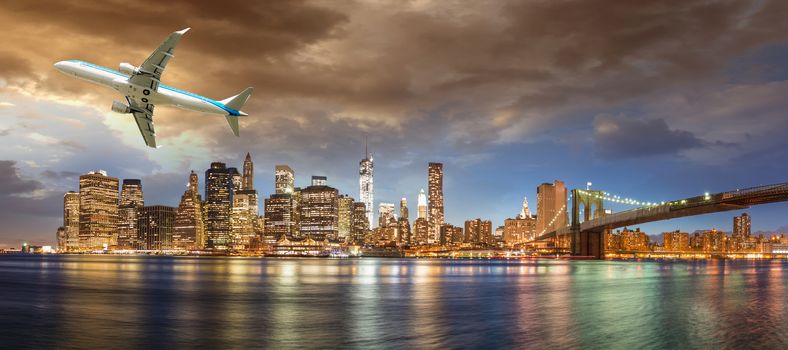 Aircraft over New York City - Tourism and vacation concept.