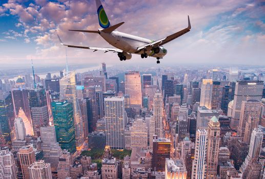 Aircraft overflying New York City skyline.