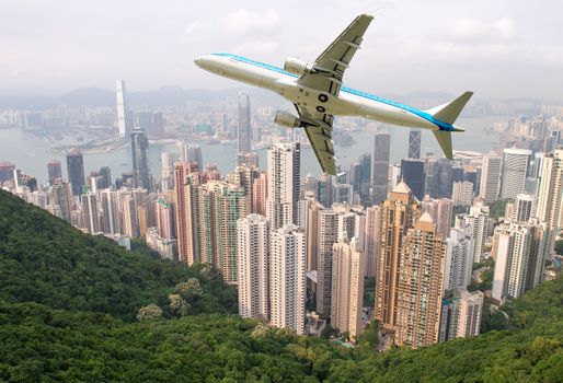 Airplane overflying Hong Kong.
