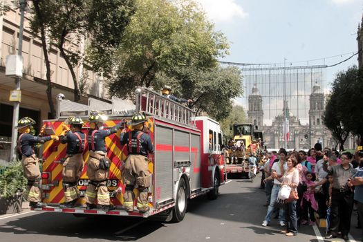 MEXICO, Mexico City: A firefighter truck is seen near Constitution Square in Mexico City on September 19, 2015 as part of the animations to commemorate 1985's earthquake.