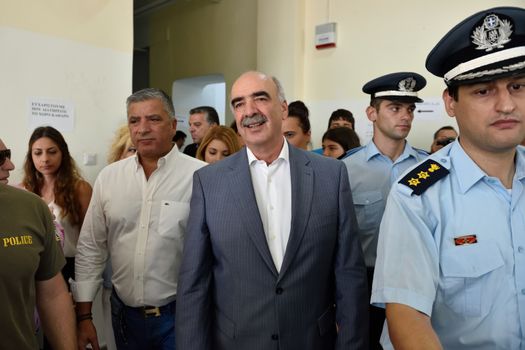 GREECE, Athens: Greece's main right-wing party, led by interim party chief Evangelos Meimarakis casts his vote at a polling station in Maroussi, Athens on September 20, 2015.  Greek voters head to the polls today in a tightly fought general election which is expected to be nail-bitingly close.  After just seven months of power, Alexis Tsipras called these snap elections to win a new mandate to implement Greece's new bailout plan. Meimarakis' party has been the main opposition party since losing power in January. 