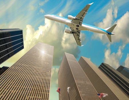 Aircraft overflying New York City skyline.