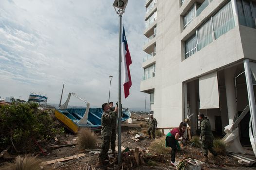 CHILE, Coquimbo: The coastal town of Coquimbo struggles to pick up the pieces on September 19, 2015 after Wednesday's 8.3 magnitude quake ripped through the region.  Residents have begun clearing up after what was the country's sixth most powerful recorded earthquake. At least 11 people have died and hundreds have been displaced since the disaster. 