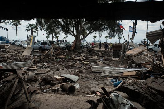 CHILE, Coquimbo: The coastal town of Coquimbo struggles to pick up the pieces on September 19, 2015 after Wednesday's 8.3 magnitude quake ripped through the region.  Residents have begun clearing up after what was the country's sixth most powerful recorded earthquake. At least 11 people have died and hundreds have been displaced since the disaster. 