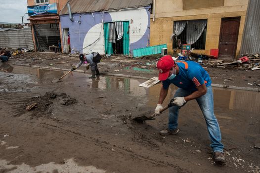 CHILE, Coquimbo: The coastal town of Coquimbo struggles to pick up the pieces on September 19, 2015 after Wednesday's 8.3 magnitude quake ripped through the region.  Residents have begun clearing up after what was the country's sixth most powerful recorded earthquake. At least 11 people have died and hundreds have been displaced since the disaster. 