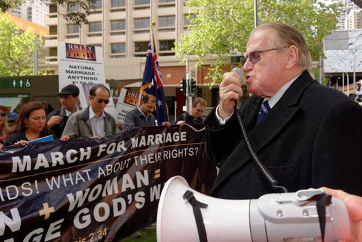 AUSTRALIA, Sydney: Amid ongoing discussion in federal government over marriage equality, New South Wales MP Reverend Fred Nile leads a Unity Australia rally from Belmore Park to Martin Place on September 20, 2015 to celebrate marriage and family and to protect traditional marriage