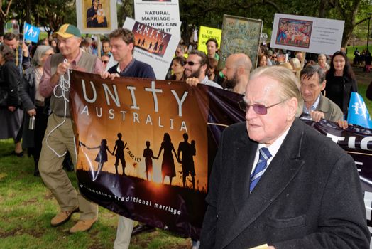 AUSTRALIA, Sydney: Amid ongoing discussion in federal government over marriage equality, New South Wales MP Reverend Fred Nile leads a Unity Australia rally from Belmore Park to Martin Place on September 20, 2015 to celebrate marriage and family and to protect traditional marriage