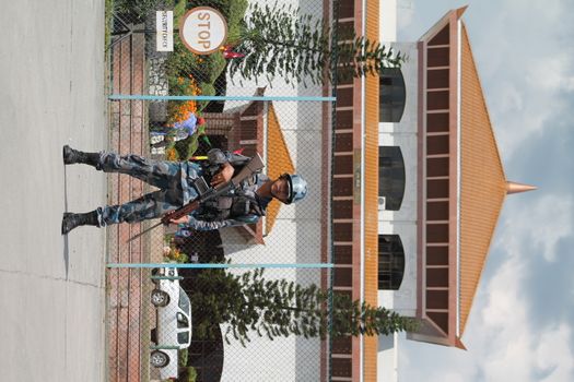 NEPAL, Kathmandu: A soldier stands guard as Nepal celebrates a new constitution embracing the principles of republicanism, federalism, secularism, and inclusiveness, in Kathmandu on September 20, 2015. Out of the 598 members of the Constituent Assembly, 507 voted for the new constitution, 25 voted against, and 66 abstained in a vote on September 16, 2015. The event was marked with protests organized by parties of the Tharu and Madhesi ethnic communities, which according to Newzulu contributor Anish Gujarel led to violence in Southern Nepal.