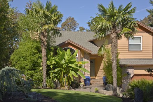 Tropical house with banana and palm trees Oregon.
