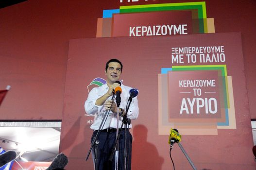 GREECE, Athens: Syriza leader Alexis Tsipras addresses supporters in Athens after claiming victory in Greece's parliamentary election on September 20, 2015. The leftist party plans to form a coalition government with the small right-wing Independent Greeks party after defeating its main rival, the conservative New Democracy party, with an early figure of 35.46 per cent of the vote. 