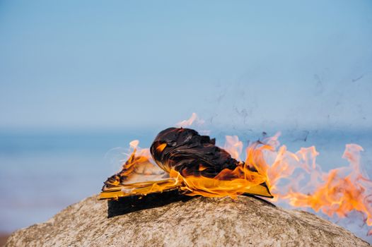 Book in fire flames on the sea coast