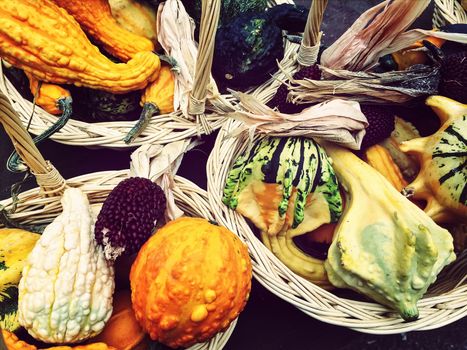 Baskets with colorful vegetables. Autumn decoration.