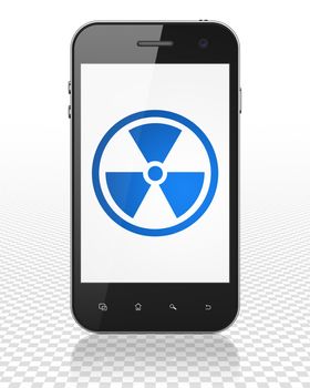 Science concept: Smartphone with blue Radiation icon on display