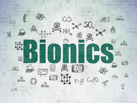 Science concept: Painted green text Bionics on Digital Paper background with  Hand Drawn Science Icons