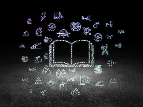 Science concept: Glowing Book icon in grunge dark room with Dirty Floor, black background with  Hand Drawn Science Icons