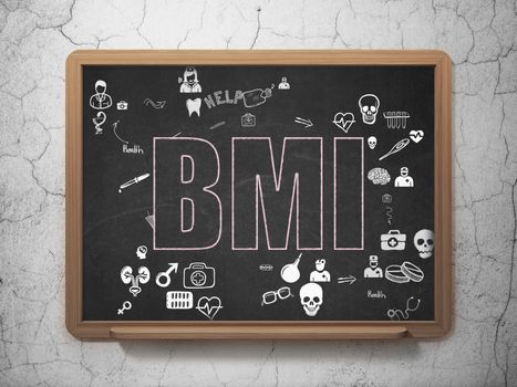 Medicine concept: Chalk Pink text BMI on School Board background with Scheme Of Hand Drawn Medicine Icons